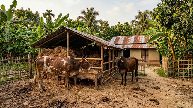 Two Brown Cows Feeding at a Rustic Wooden Trough in a Bangladeshi Village Farmyard