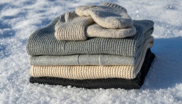 High Quality Thermal Base Layers and Wool Socks Arranged on a Bed in a Snowy Environment