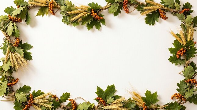Garland Border with Wheat Stalks, Oak Leaves, and Berries on a White Canvas Background