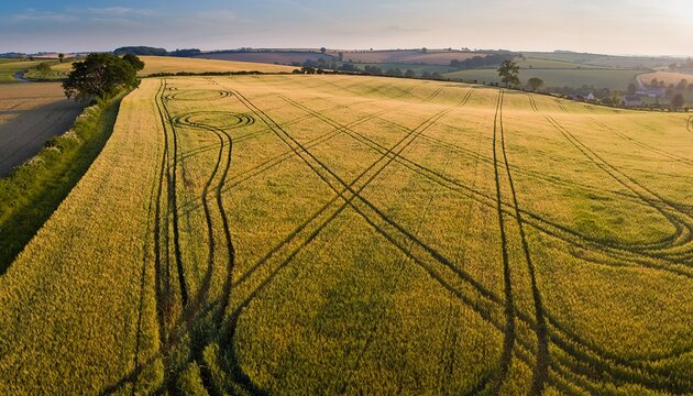 Aerial view shows a large farm with tire tracks across green fields and a clear sky. The scene captures the landscape in bright lighting during the day