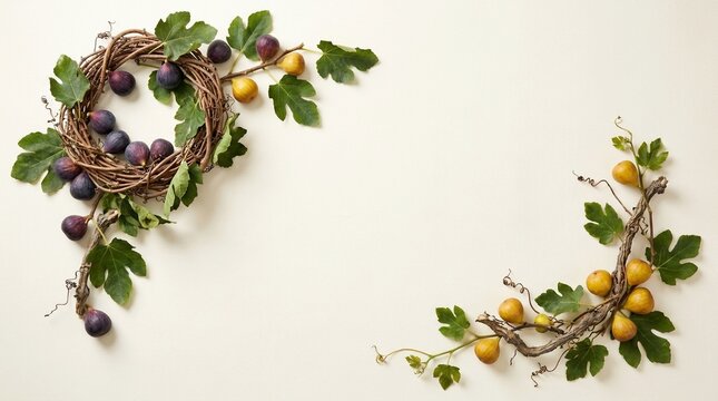 Grapevine and Fig Garland Border with Lush Foliage and Ripe Fruit Arrangement