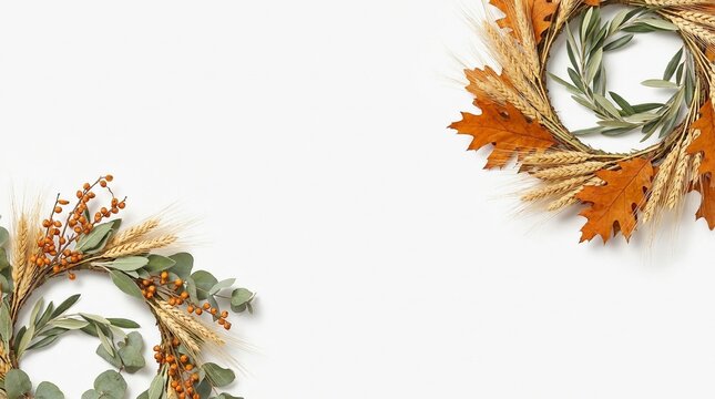 Garland Composition with Leaves, Wheat, and Berries, a Rustic Autumn Design