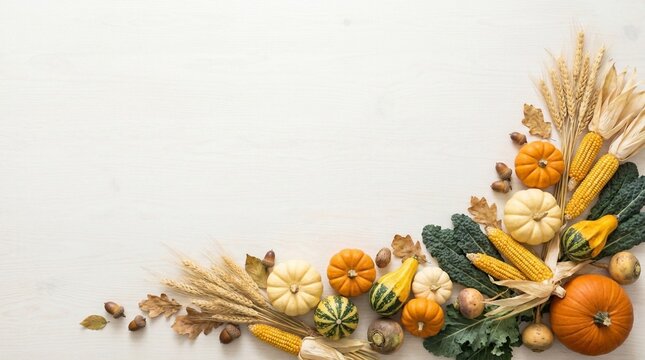 Harvest Vegetables Flat Lay Arrangement with Pumpkins, Corn, and Wheat Stalks on White Wood
