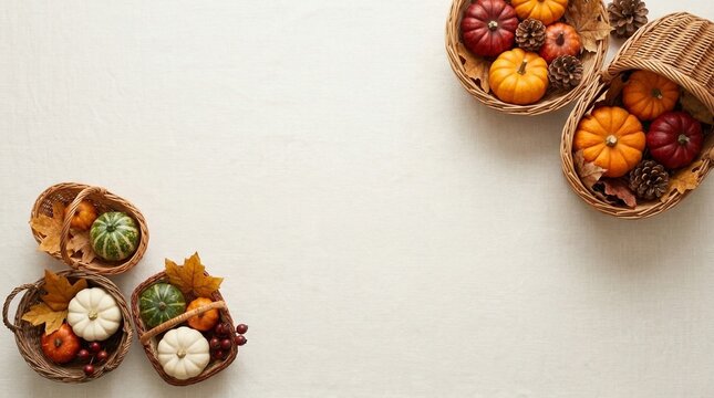 Harvest Baskets Filled with Pumpkins, Gourds, and Autumn Leaves Arranged on Linen