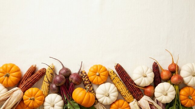 Harvest Vegetables Flat Lay Border with Pumpkins, Corn, and Beets Arranged on a White Background
