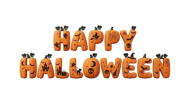 Textured pumpkin Happy Halloween letters with icons