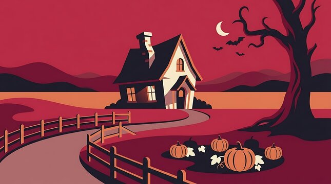 Haunted house with pumpkins on a moonlit path at Halloween