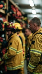 Fototapeta premium Uniformed emergency personnel organizing protective gear in storage facility
