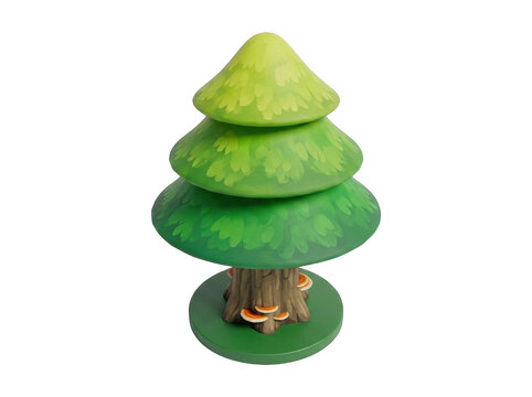 Stylized cartoon green pine tree with multiple layered tiers and a trunk isolated on white background