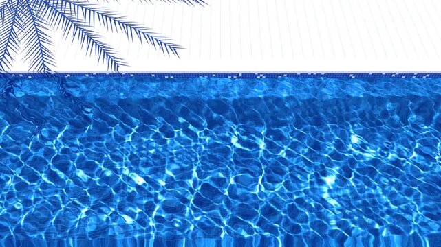 Retro airbrush style swimming pool from above, sunlit caustic light on blue mosaic tiles, white deck with palm shadows, seamless loop