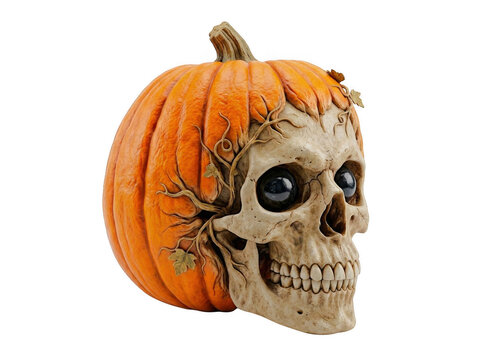 Halloween pumpkin carved with creepy human skull face and branches skeleton pumpkin scary pumpkin halloween deco