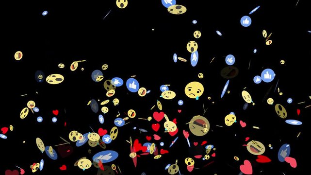 Social media live stream emoji reactions floating overlay on black background, moving banner with heart, thumbs up, and like icons flying upwards, social media reaction icons heart sad face, 4k loop