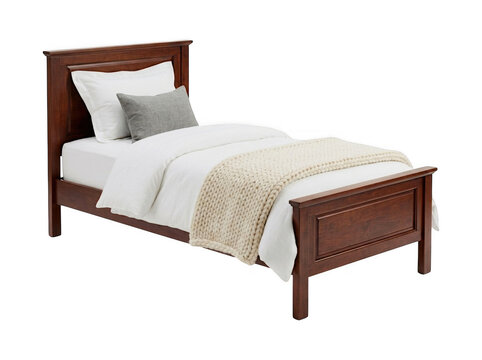 Single wooden bed frame with white mattress and pillows isolated on white background bedroom furniture child bed