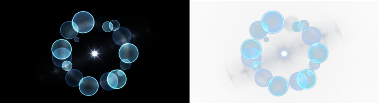 Glowing blue circular lens flare and bokeh bubble ring with bright center star on black and transparent background