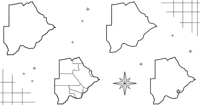 Botswana map vector outline icon set with regional borders grid lines and compass elements on white background