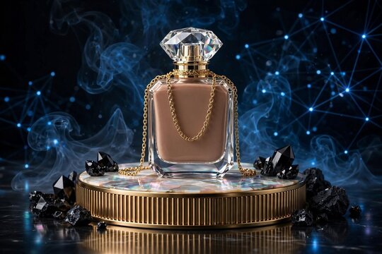 Luxury mocha mousse perfume bottle on gold podium with abalone and black crystals