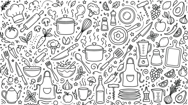 Cooking kitchen utensils and food ingredients doodle seamless pattern background outline hand drawn vector graphic for coloring book