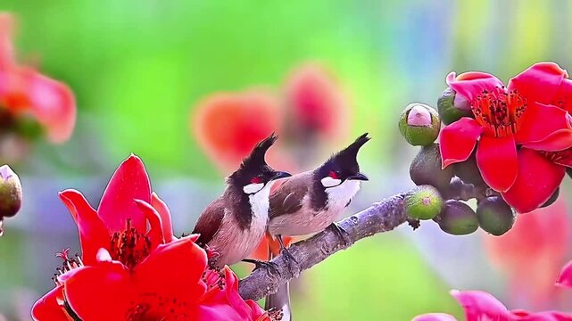 Pair of Red‑whiskered Bulbuls Perched on Kapok Branch among Bright Red Blooms
