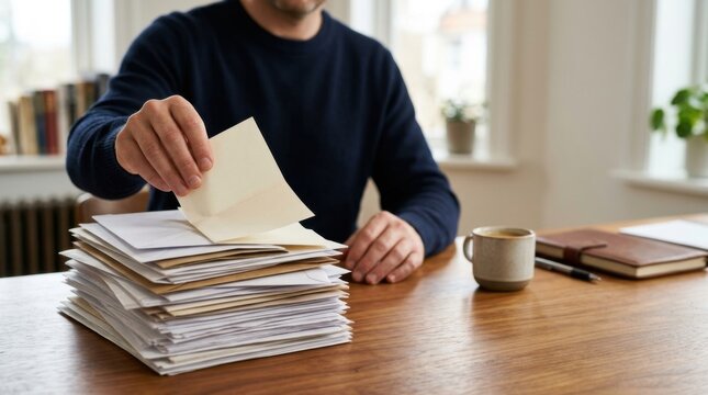 Man sorting through a stack of mail and documents at a wooden desk
