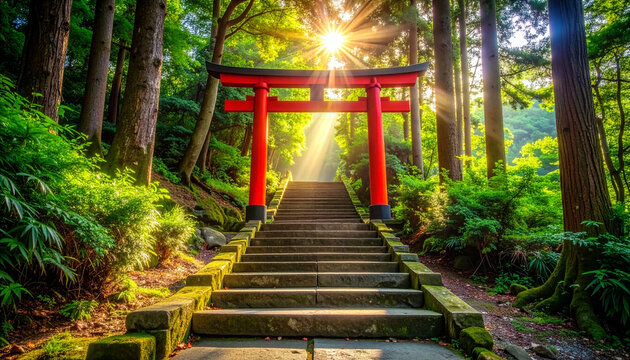 深緑の森の中で後光のような美しい木漏れ日が差し込む朱色の鳥居と苔むした石段