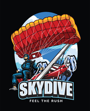 Detailed retro illustration of a parachutist under canopy next to an airplane with text skydive feel the rush