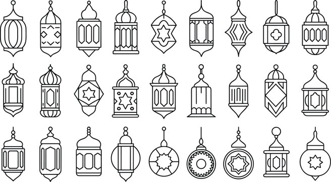 Traditional Islamic Ramadan fanous hanging lantern line icon set featuring beautiful geometric arabic decorative ornament designs