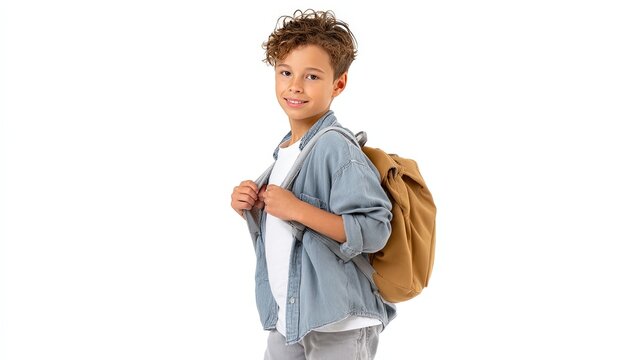 Boy wearing backpack and looking over shoulder, cheerful expression, full body visible, isolated on a white background, stock photography 