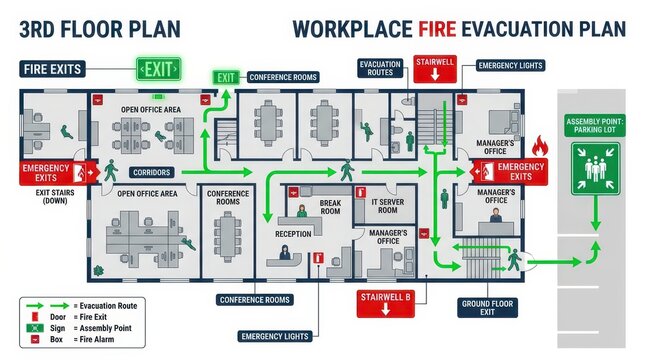 Workplace fire evacuation plan for a third floor office showing exit routes stairwells fire alarms extinguishers emergency lights and an assembly point in the parking lot