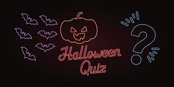 Halloween Quiz neon sign vector, glowing pumpkin and bats trivia banner, spooky question mark night club party flyer background
