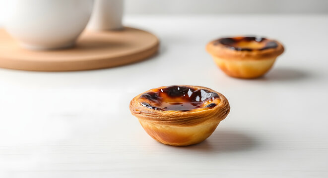 Sweet Portuguese Custard Tart: A close-up of two delicious Portuguese custard tarts, with caramelized tops and flaky pastry, sit on a clean white surface, hinting at a delightful treat.