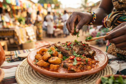 Equatorial Guinean cuisine served at a holiday market, celebrating Independence Day, African heritage, culture and community.