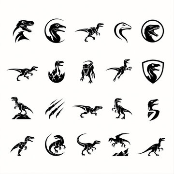 Set of minimalist velociraptor icons and silhouettes, simple prehistoric dinosaur symbol collection in flat design