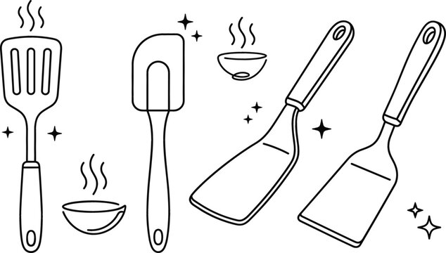 Kitchen spatula and turner line art icon set with silicone scraper cooking utensils and hot bowl elements
