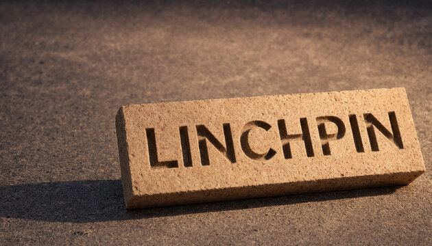 Linchpin concept symbolized by engraved word on textured brick against sandy background