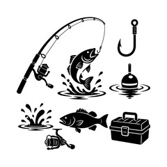 Black and white fishing equipment icons set featuring rod reel fish hook and tackle box. © chiriku