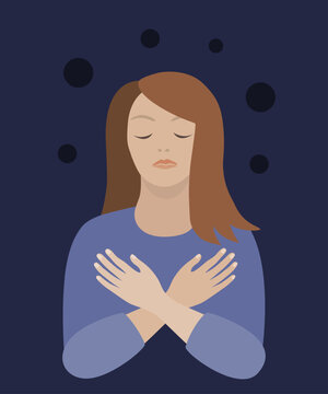 Woman doing butterfly hug, self-soothing anxiety relief - emotional healing flat vector illustration