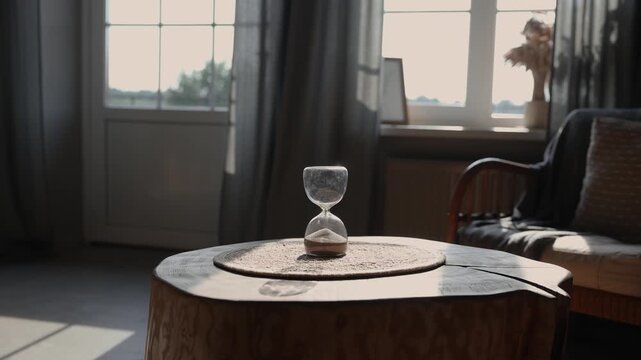 Glass hourglass with sand stands on a woven mat atop a natural wood table in a softly lit interior, framed by windows and dark curtains with copy space