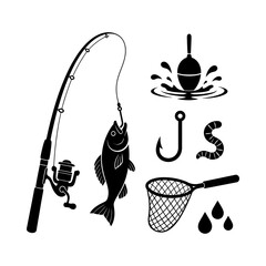 Fishing gear icons set with rod reel fish hook net and bait silhouettes. © chiriku