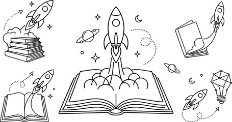 Rocket ship and education book line art vector set with open textbooks planets smoke trails and star elements © PJ DeSign