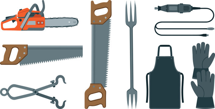Lumberjack Wood Logging Tool Icon Set Featuring Chainsaw Two Man Crosscut Saw Hand Saw Log Lifting Tongs Electric Rotary Carver Protective Apron and Safety Gloves