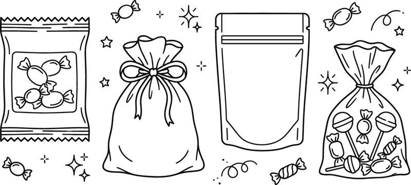 Sweet candy packaging bags and blank pouch mockup outline vector doodle set for coloring book page illustration
