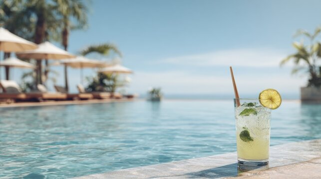 Refreshing tropical cocktail by a sunny resort poolside with ocean view