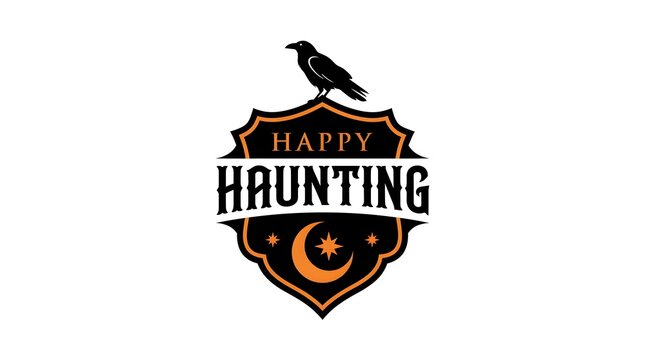 A vintage style badge design featuring a black raven and crescent moon with decorative halloween typography for a spooky holiday themed graphic illustration on white