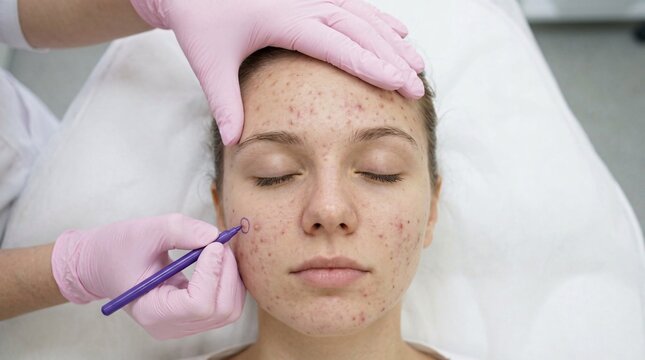 Top-down view of a dermatologist wearing pink medical gloves marking acne-prone skin on a young woman's cheek with a purple surgical marker.
