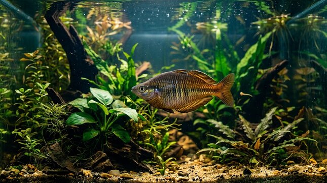 Melanotaenia Rainbowfish Swimming in a Lushly Planted Freshwater Aquascape Aquarium with Driftwood