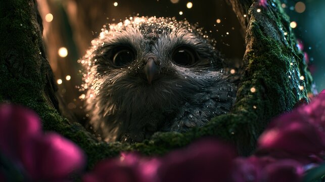 Exquisite high-fidelity textures on its soft down. perfectly formed expressive eyes. ethereal forest aesthetic. volumetric god rays