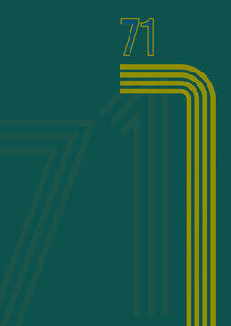 1970s sports background with copyspace. Vintage colored stripes and the number 71 on muted green background