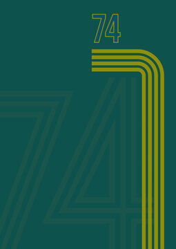 1970s sports background with copyspace. Vintage colored stripes and the number 74 on muted green background