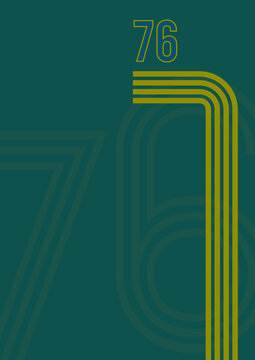 1970s sports background with copyspace. Vintage colored stripes and the number 76 on muted green background