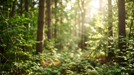 Obraz premium Blurred background of a lush forest with bright sunlight streaming through green tree canopies